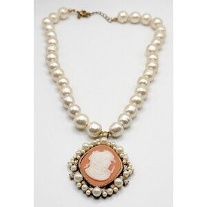 Laila Rowe Vintage Inspired Faux Pearl,‎ Rhinestone & Cameo Pendant Necklace